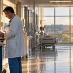 A doctor reviews a patient chart in a hospital corridor.