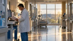 A doctor reviews a patient chart in a hospital corridor.