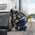 A commercial truck stopped on a Mississippi roadway while a mechanic inspects its wheel and braking components.